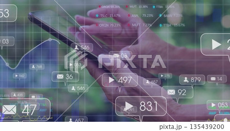 Woman in long-sleeve top holding smartphone and viewing overlays on balcony, with badges and chart Woman in long-sleeve top holding smartphone and viewing overlays on balcony, with badges and chart 135439200