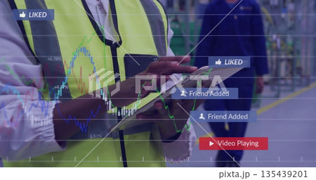 Worker wearing neon safety vest tapping tablet amid warehouse shelves, graphs and notifications Worker wearing neon safety vest tapping tablet amid warehouse shelves, graphs and notifications 135439201