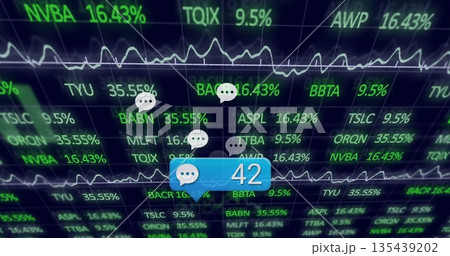 Blue notification badge pulsing in trading interface, with chat bubbles, line graphs and tickers Blue notification badge pulsing in trading interface, with chat bubbles, line graphs and tickers 135439202