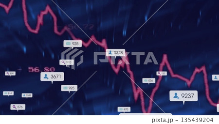Displaying red line graph fluctuating on blue dashboard with data bubbles showing icons and numbers Displaying red line graph fluctuating on blue dashboard with data bubbles showing icons and numbers 135439204
