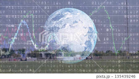 Hovering translucent 3D Earth globe above runway and hangars, with binary code and chart overlays Hovering translucent 3D Earth globe above runway and hangars, with binary code and chart overlays 135439246