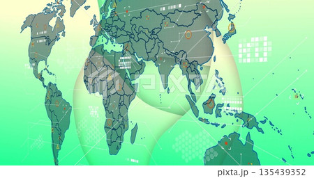 Digital world map graphic displaying hex grid, data nodes and ribbon overlays in virtual interface Digital world map graphic displaying hex grid, data nodes and ribbon overlays in virtual interface 135439352