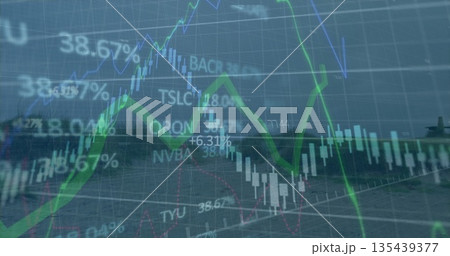 Presenting market data overlaying dock with trend line, bars, lines, percentages, symbols and grid 135439377