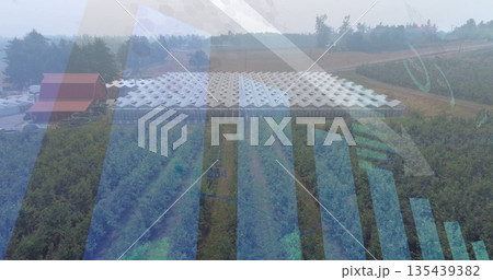 Showing white-roofed greenhouse canopy spanning orchard rows in farmland, with bar chart overlay Showing white-roofed greenhouse canopy spanning orchard rows in farmland, with bar chart overlay 135439382