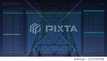 Displaying terminal UI overlaying lattice transmission tower in remote corridor, with code panels 135439386