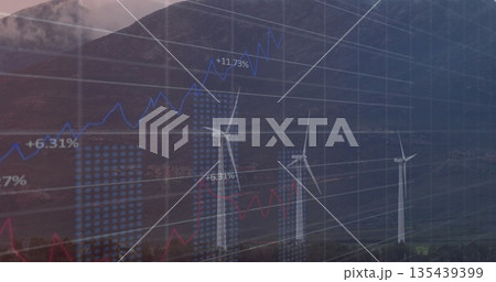 Showing three white wind turbines on ridge, overlaying grid, blue line, red line and percentages Showing three white wind turbines on ridge, overlaying grid, blue line, red line and percentages 135439399