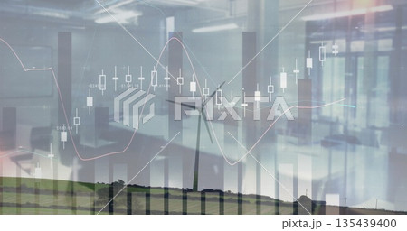 Glass walls merging with grassy hills in boardroom, showcasing wind turbine under chart overlays Glass walls merging with grassy hills in boardroom, showcasing wind turbine under chart overlays 135439400