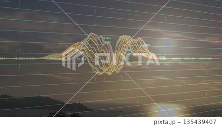 Displaying multicolored waveform overlay with grids over coastal sunset water with numeric labels Displaying multicolored waveform overlay with grids over coastal sunset water with numeric labels 135439407