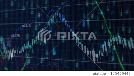 Showing candlestick chart with green-blue trend lines, grid, % labels and binary on trading screen 135439445