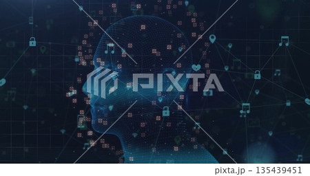 Showing wireframe head streaming data flow in virtual network, with padlock camera and Wi-Fi icons 135439451