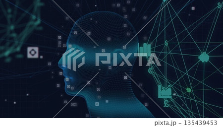 Mesh head silhouette glowing with nodes and network lines in grid with financial icons, copy space Mesh head silhouette glowing with nodes and network lines in grid with financial icons, copy space 135439453