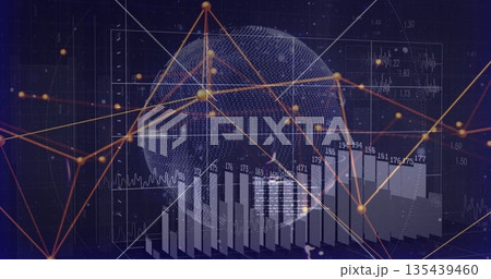 Displaying dotted 3D sphere with bar charts, line graphs in analytics interface with glowing nodes Displaying dotted 3D sphere with bar charts, line graphs in analytics interface with glowing nodes 135439460
