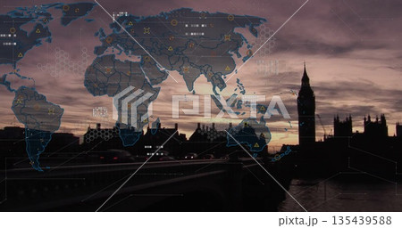 Silhouetted clock tower standing in London riverside at dusk, with hex grid overlay, copy space Silhouetted clock tower standing in London riverside at dusk, with hex grid overlay, copy space 135439588