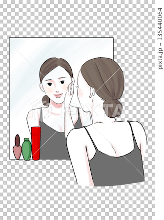 插畫素材：一位自信的女士正在照鏡子，肌膚光滑細膩。 135440064