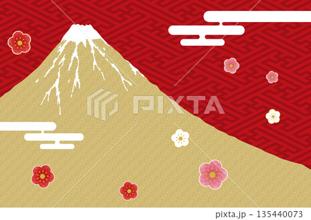 汎用年賀状素材イラスト　正月イメージ背景　 金箔の富士山と梅の花　和風 紗綾形文様背景 135440073