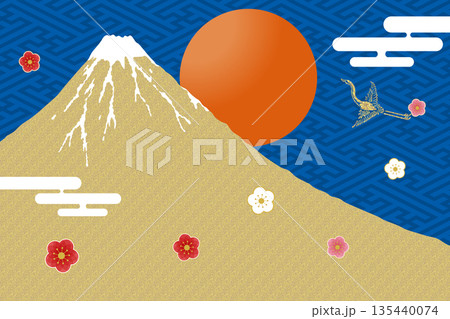 汎用年賀状素材イラスト 正月イメージ背景 初日の出と金箔の富士山と梅の花 和風 紗綾形文様背景 汎用年賀状素材イラスト 正月イメージ背景 初日の出と金箔の富士山と梅の花 和風 紗綾形文様背景 135440074