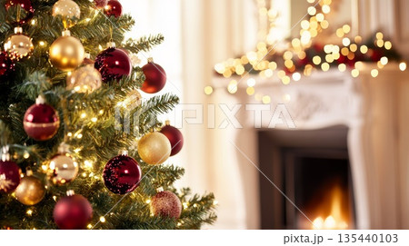Christmas tree adorned with colorful ornaments and warm lights in a cozy living room setting Christmas tree adorned with colorful ornaments and warm lights in a cozy living room setting 135440103