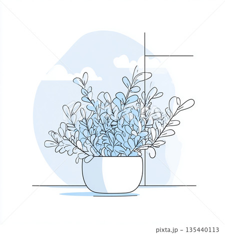 観葉植物のシンプルな線画イラスト。北欧風インテリアと癒しのミニマルデザイン 135440113