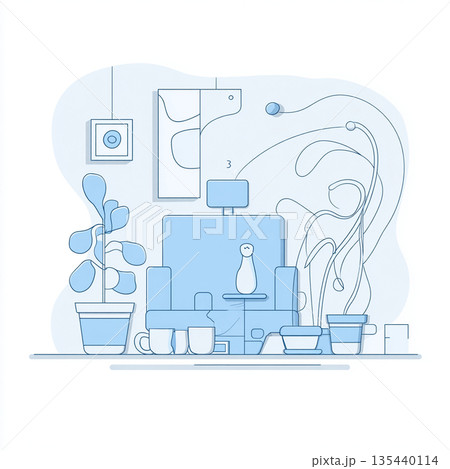 観葉植物のシンプルな線画イラスト。北欧風インテリアと癒しのミニマルデザイン 135440114