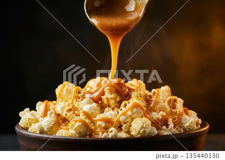 Delicious popcorn drizzled with caramel sauce in a rustic wooden bowl for movie night enjoyment 135440130