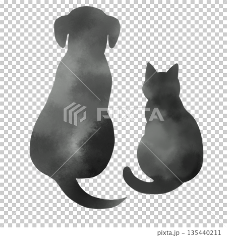 Watercolor style silhouette illustration of a dog and cat from behind 135440211