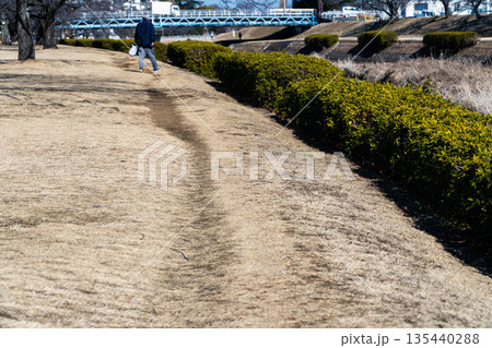 東京都の都市風景　川沿いの冬の遊歩道 135440288