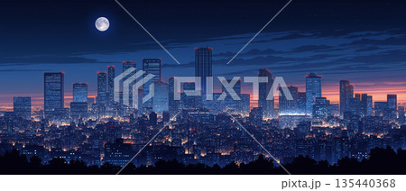 ノスタルジックなレトロアートの夜景　ネオン光るビルと夜空が幻想的な都市風景素材 135440368