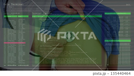 Pressing stethoscope on abdomen lifting blue shirt and underwear in exam room with terminal overlay 135440464