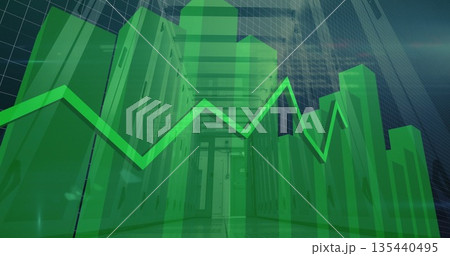 Visualizing green 3D bar chart and zigzag line graph in server rack aisle, highlighting data trends Visualizing green 3D bar chart and zigzag line graph in server rack aisle, highlighting data trends 135440495