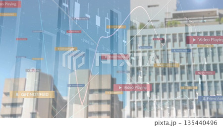 Displaying finance chart floating over downtown, with candlestick bars, line graph and UI labels Displaying finance chart floating over downtown, with candlestick bars, line graph and UI labels 135440496