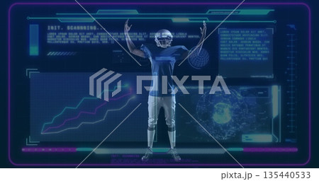 Standing football player wearing helmet and jersey in training interface, with holographic panels Standing football player wearing helmet and jersey in training interface, with holographic panels 135440533