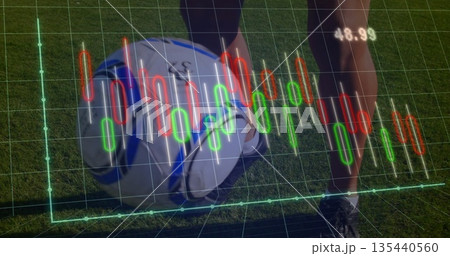 Foot in black cleat and knee-high sock pressing ball on pitch, with candlestick chart, 3D grid 135440560