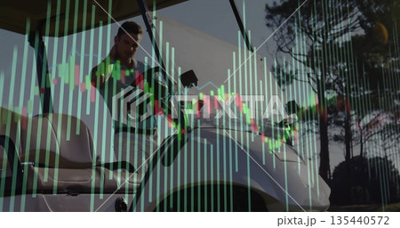 Inspecting man placing hand on roof support bar beside golf cart on fairway, with financial overlay Inspecting man placing hand on roof support bar beside golf cart on fairway, with financial overlay 135440572