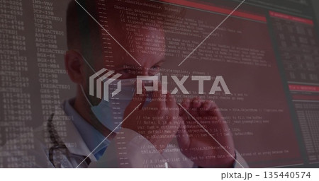 Scrutinizing code mid-adult doctor wearing white coat and mask in medical lab, with stethoscope Scrutinizing code mid-adult doctor wearing white coat and mask in medical lab, with stethoscope 135440574