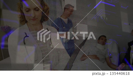 Reviewing doctor wearing stethoscope consulting tablet in exam room, purple tech motif, copy space Reviewing doctor wearing stethoscope consulting tablet in exam room, purple tech motif, copy space 135440618
