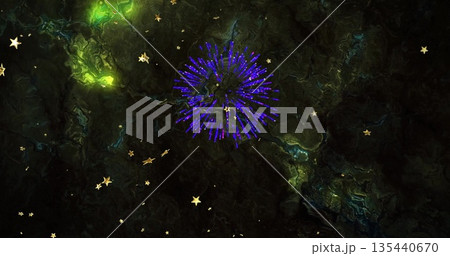 Central purple-blue radial burst radiating in dark backdrop with glowing green patches, gold stars Central purple-blue radial burst radiating in dark backdrop with glowing green patches, gold stars 135440670