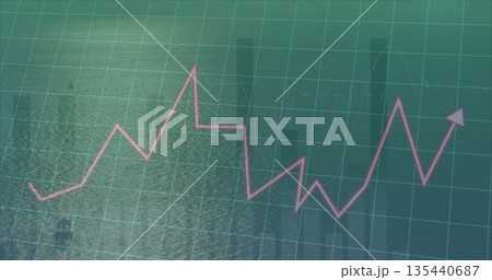 Showing pink line graph ending in arrowhead above ocean, with green grid overlay, translucent bars 135440687