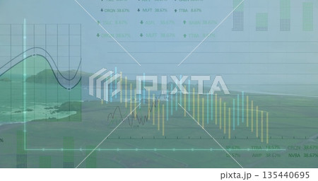 Displaying line charts and bar charts over coastal hillside, with grid overlays and data points Displaying line charts and bar charts over coastal hillside, with grid overlays and data points 135440695