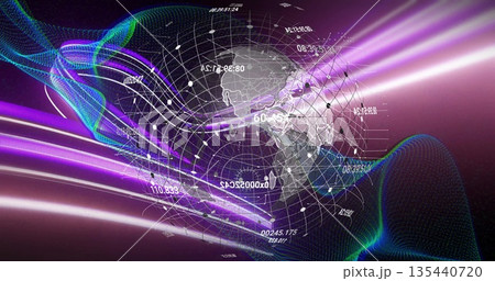 Rendering translucent 3D globe rotating in digital dataverse, showing grid lines and neon waveforms 135440720