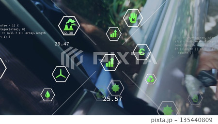 Gripping car door handle, man wearing suit with wristwatch at roadside, with floating hexagon icons Gripping car door handle, man wearing suit with wristwatch at roadside, with floating hexagon icons 135440809
