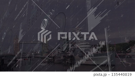 Displaying digital HUD graphs over River Thames view, with Tower Bridge and warship, copy space Displaying digital HUD graphs over River Thames view, with Tower Bridge and warship, copy space 135440819