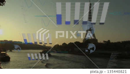 Gliding riverboat on Seine at sunset, with data overlays of bar charts, line graphs, globe icons Gliding riverboat on Seine at sunset, with data overlays of bar charts, line graphs, globe icons 135440821