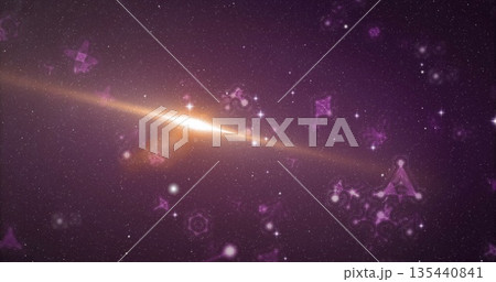 Displaying central galactic core glowing across deep-space vista, with stars and geometric symbols 135440841