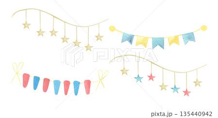 Watercolor set of Garlands with flags and stars in soft tones. Drawing pennants for baby showers, greeting cards or children's party invitations. Decoration of kindergartens and holiday decorations. 135440942