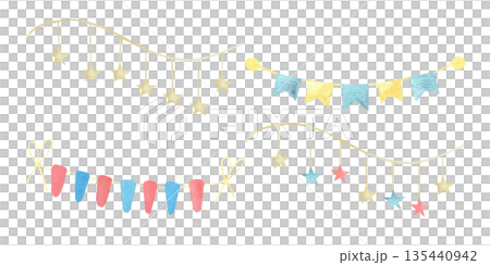 Watercolor set of Garlands with flags and stars in soft tones. Drawing pennants for baby showers, greeting cards or children's party invitations. Decoration of kindergartens and holiday decorations. 135440942