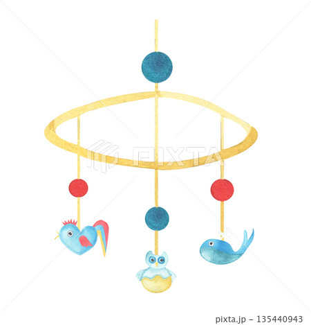 Watercolor baby cradle Mobile with cute whale, cockerel and owl. Hand drawn illustration in pastel blue colors of kids hanging toy. For greeting cards, newborn greeting or birthday template 135440943