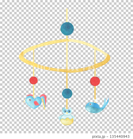 Watercolor baby cradle Mobile with cute whale, cockerel and owl. Hand drawn illustration in pastel blue colors of kids hanging toy. For greeting cards, newborn greeting or birthday template 135440943
