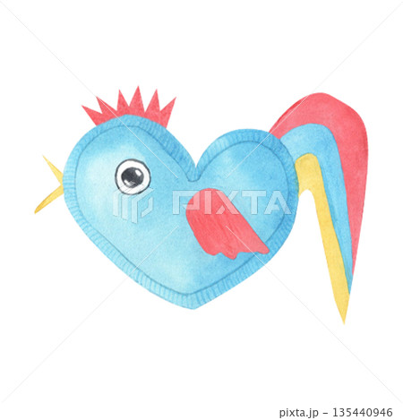 Watercolor illustration a cute cockerel isolated from the background. A handmade soft toy in warm blue tones. Perfect for baby products, kindergarten decor, baby shower invitations and greeting cards. 135440946