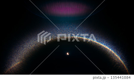 Amazing Night Starry Sky. shot with moon in center. Misty space. Natural Background. Colorful flare flash haze on starry sky. Sky Stars. Starry Sky Backdrop. Colorful flash haze 135441084