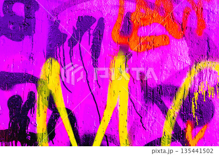 Vibrant Urban Graffiti Wall with Neon Purple, Yellow, Black Paint in Modern 2000s Street Art Style Vibrant Urban Graffiti Wall with Neon Purple, Yellow, Black Paint in Modern 2000s Street Art Style 135441502